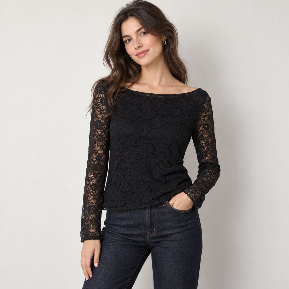 White House Black Market Blouse Womens XS Black Lace Boat Neck Long Sleeve Top
